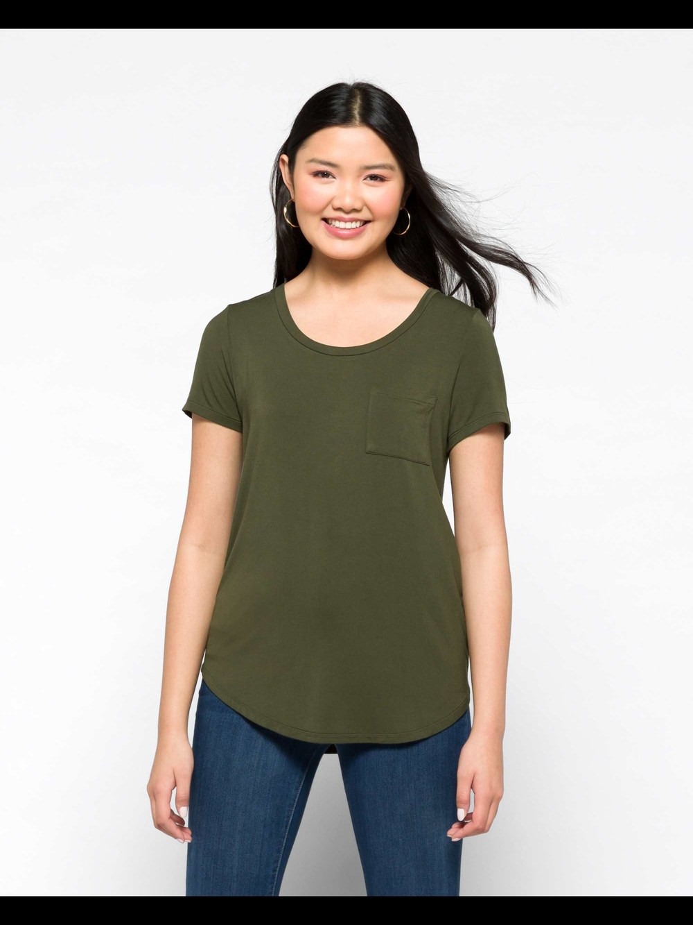Market & Spruce Elaine Pocket Short Sleeve Crew Neck Jersey Tee Olive Women's M